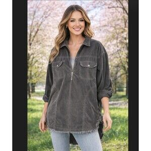 OFFLINE Aerie Corduroy Oversized Shacket Medium 1/4 Zip Black Raw Hem Jacket Top